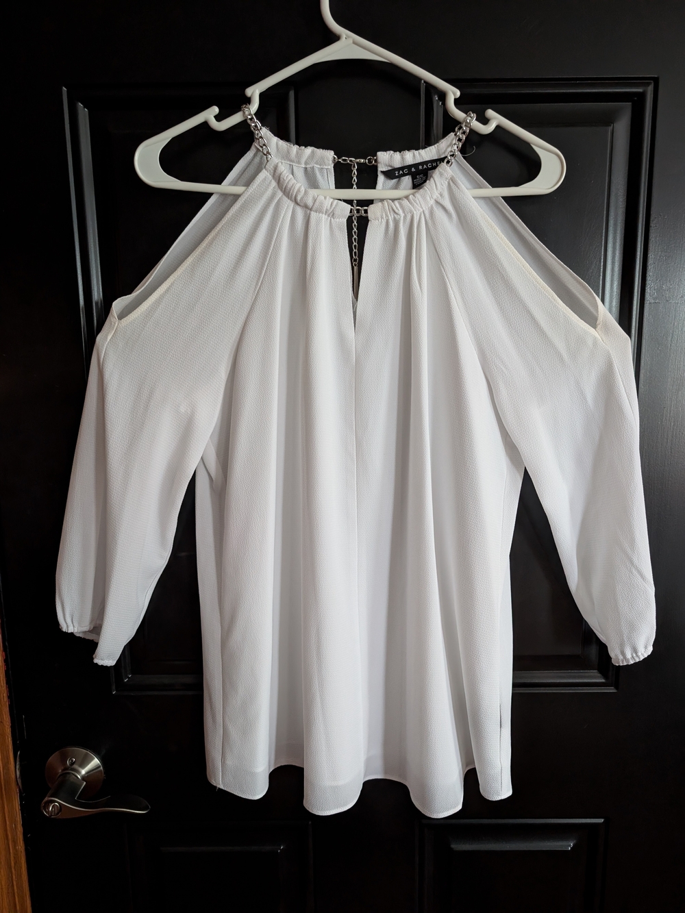 BCBG White Cold-Shoulder Halter Blouse with Chain Accent